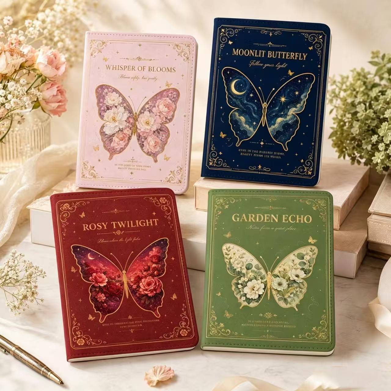 Vintage Leather Journal Notebook - สมุดบันทึกหนังลายผีเสื้อวินเทจ, ปกนุ่ม 4 สี, หน้ากระดาษด้านในสีเต็มรูปแบบ, ของขวัญไดอารี่นักเรียนที่สวยงาม