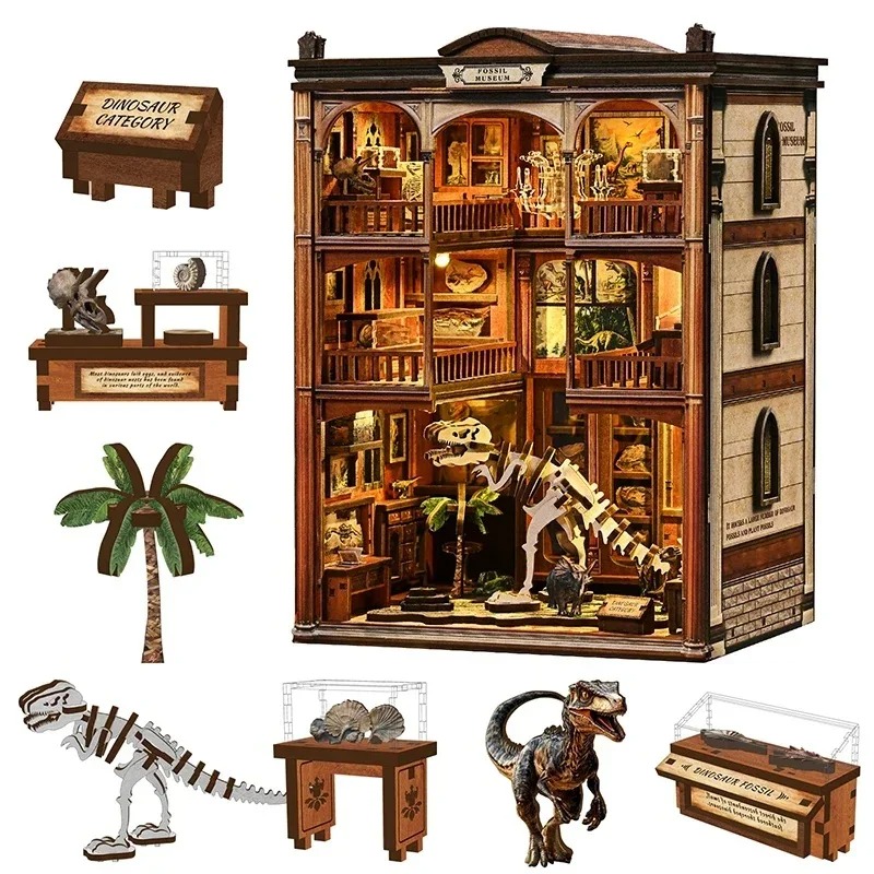 Diy Wooden Book Nook Kit Shelf Insert - ชุดประกอบชั้นวางหนังสือ DIY แบบมินิเอเจอร์ รูปแบบพิพิธีการโบราณวัตถุ บ้านตุ๊กตา 3D