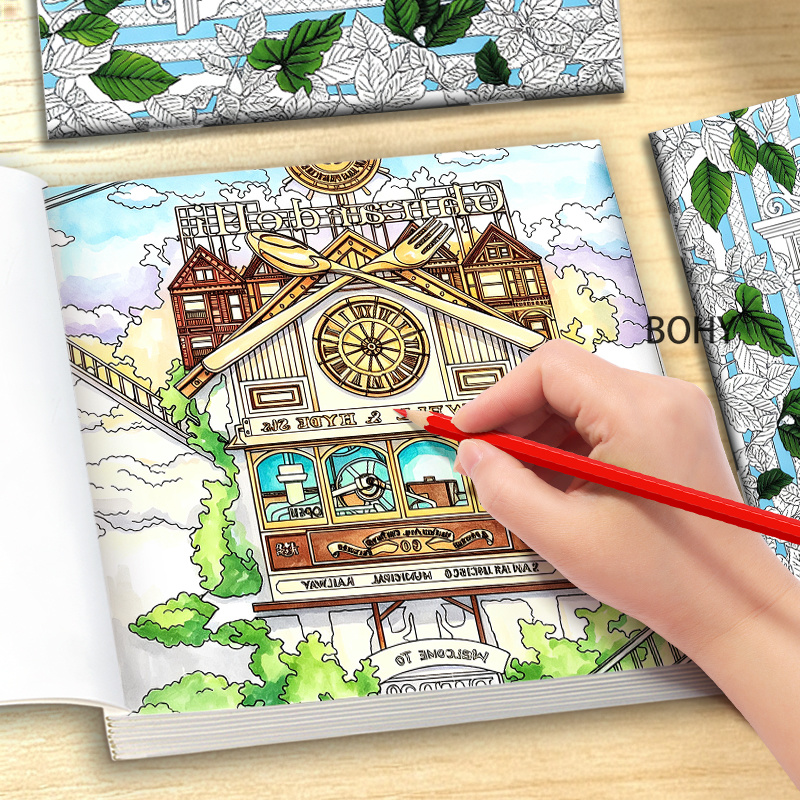 Adult Coloring Book Stress Relief - สมุดระบายสีธีมการเดินทางข้ามเวลา 1 เล่ม, 24 หน้าสีสันสวยงามสไตล์เรโทร, ช่วยผ่อนคลายความเครียดสำหรับผู้ใหญ่,